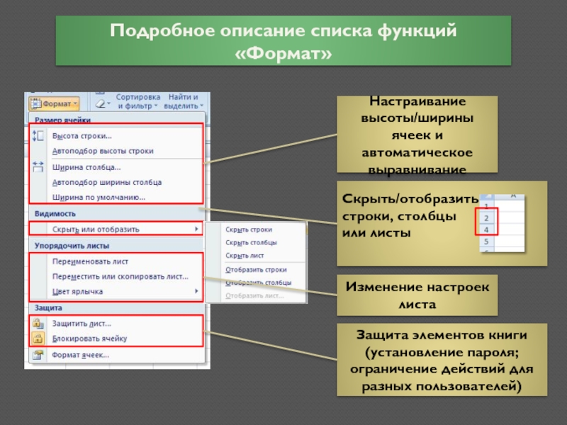 Ниже приведен перечень функций выполняемых. Общие сведения о функциях. Перечень функции книги. Функция Формунт элементов. Как защитить лист от изменений?.