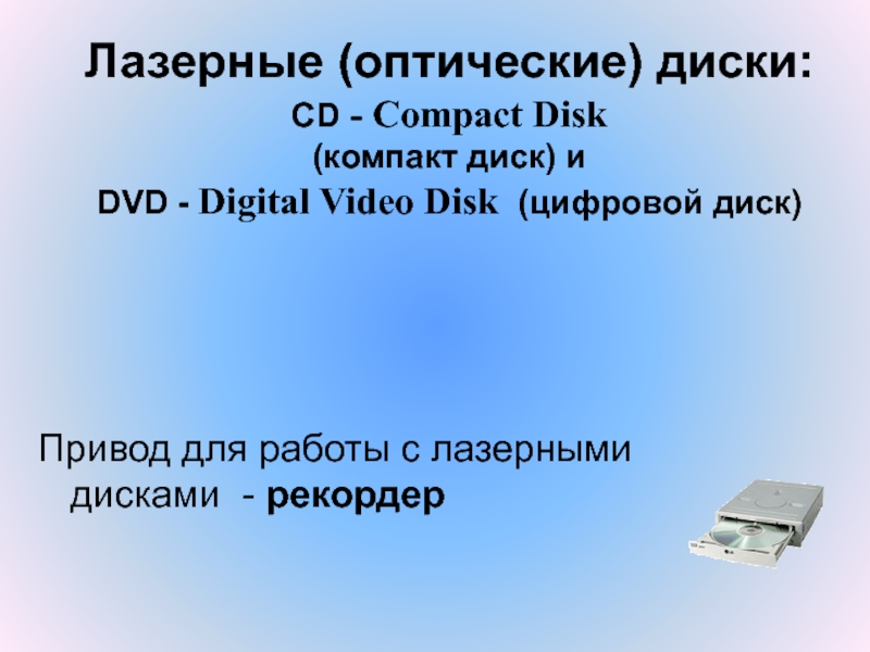 Лазерные (оптические) диски: CD - Compact Disk  (компакт диск) и