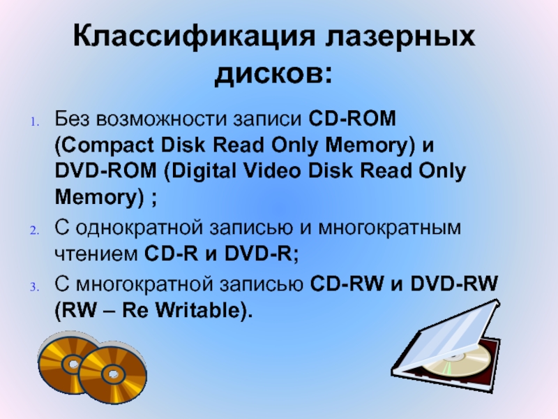 Классификация лазерных дисков: Без возможности записи CD-ROM (Compact Disk Read Only Memory)