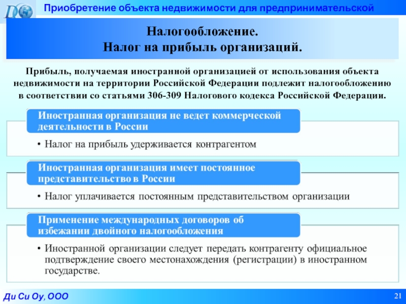 Приобретение объекта. Налог на имущество в предпринимательской деятельности. Имущество используемое для предпринимательской деятельности ООО. Налогообложение иностранных организаций на территории России.. Какие объекты подлежат налогообложению.