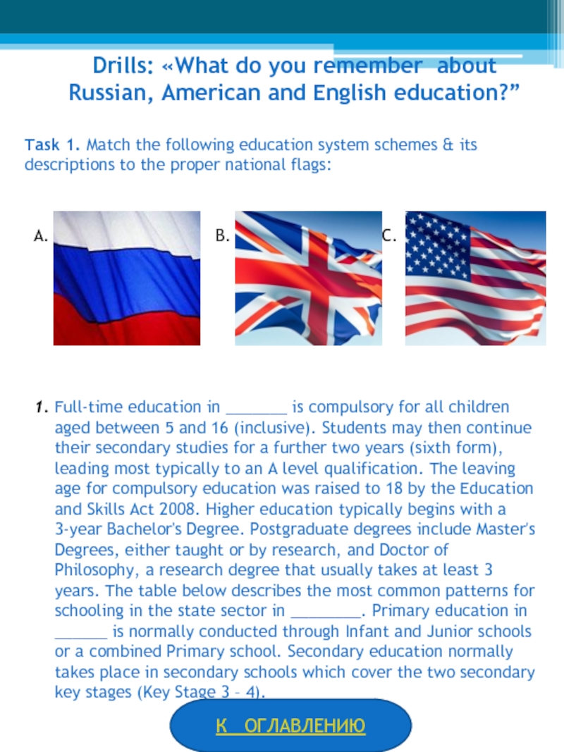 Drills: «What do you remember about Russian, American and English education?” Task 1. Match the