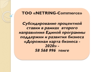 ТОО NETRING-Commerce. Субсидирование процентной ставки в рамках второго направления единой программы поддержки бизнеса