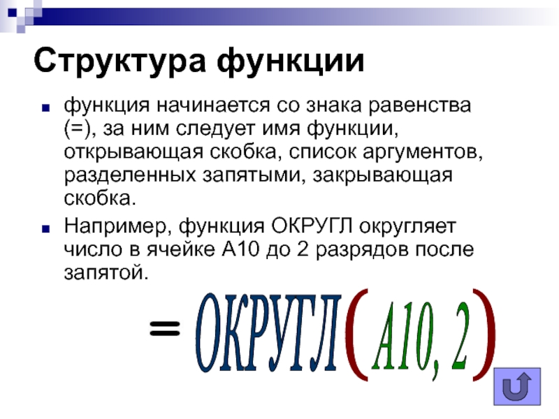 Открытая функция. Структура функции. Структура сам функция. Функции округления чисел в информатике. Знак разделяющий Аргументы функций в формулах.