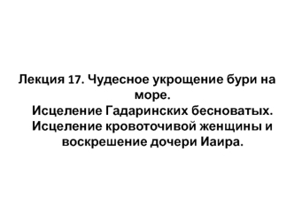 Лекция 17. Чудесное укрощение бури на море. Исцеление Гадаринских бесноватых. Исцеление кровоточивой женщины и воскрешение дочери Иаира.