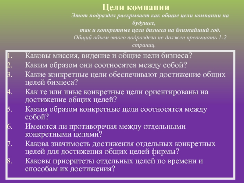 Цели компании  Каковы миссия, видение и общие цели бизнеса?  Каким образом они соотносятся между собой?