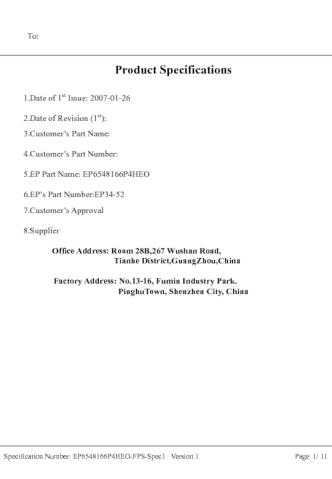 EP Li polymer rechargeable battery. Product specifications– EP6548166P4HEO