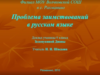 Проблема заимствований
в русском языке

Доклад ученицы 9 класса
Зелепукиной Дианы

Учитель Н. Н. Шведова
