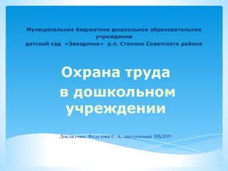 Охрана труда
 в дошкольном учреждении



Докладчик: Федулова С.Э., заведующий МБДОУ