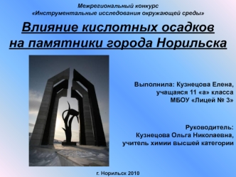 Влияние кислотных осадков 
на памятники города Норильска