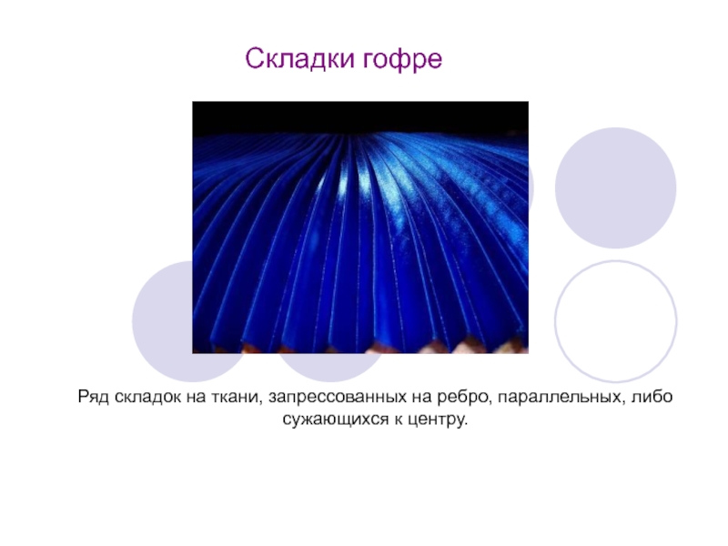 Складки гофреРяд складок на ткани, запрессованных на ребро, параллельных, либо сужающихся к центру.
