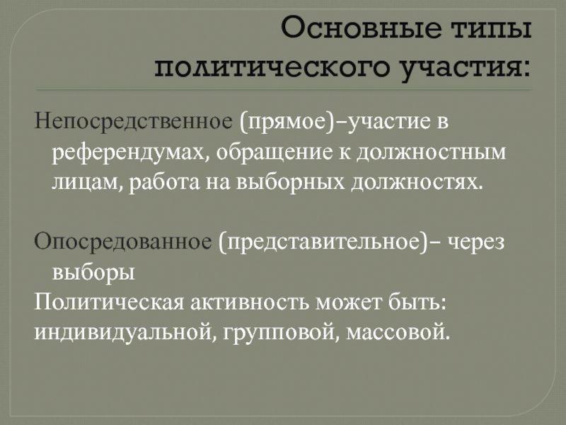 Типы политических выборов. Индивидуальное, групповое и массовое политическое участие. Типы политического выбора. Опосредованное политическое участие. Политическое участие может быть прямым и опосредованным.