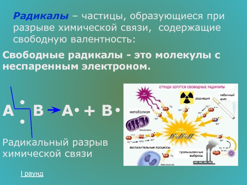 Свободное образующее. Свободные радикалы органическая химия. Радикалы это частицы образующиеся при разрыве. Свободные радикалы образуются при. Свободный радикал в химии.