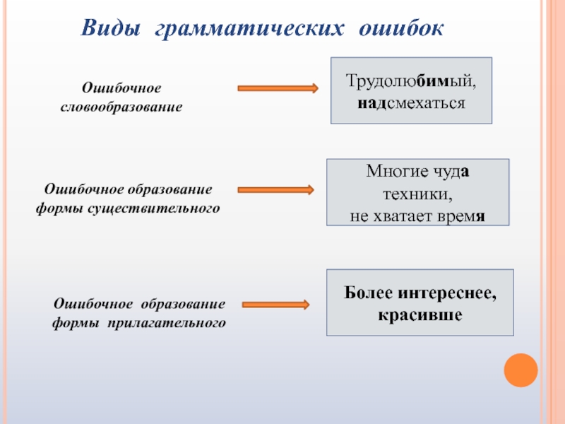 Грамматические ошибки существительных. Ошибки в грамматической форме. Виды грамматических ошибок трудолюбимый. Ошибочное образование прилагательных. Тип ошибки грамматических форм.