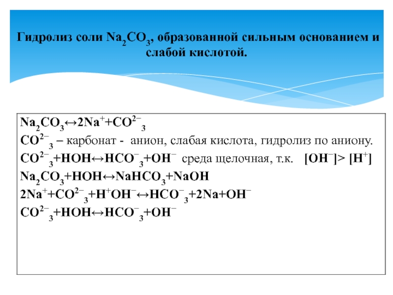 Схема гидролиза карбоната натрия