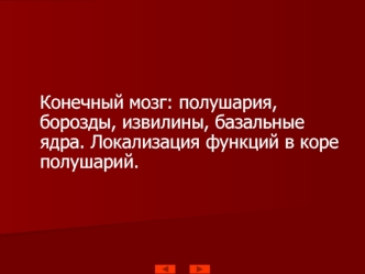 Конечный мозг: полушария, борозды, извилины, базальные ядра. Локализация функций в коре полушарий