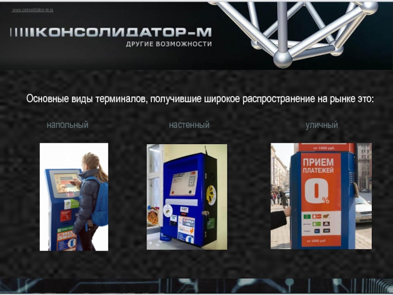 www.consolidator-m.ru Основные виды терминалов, получившие широкое распространение на рынке это: