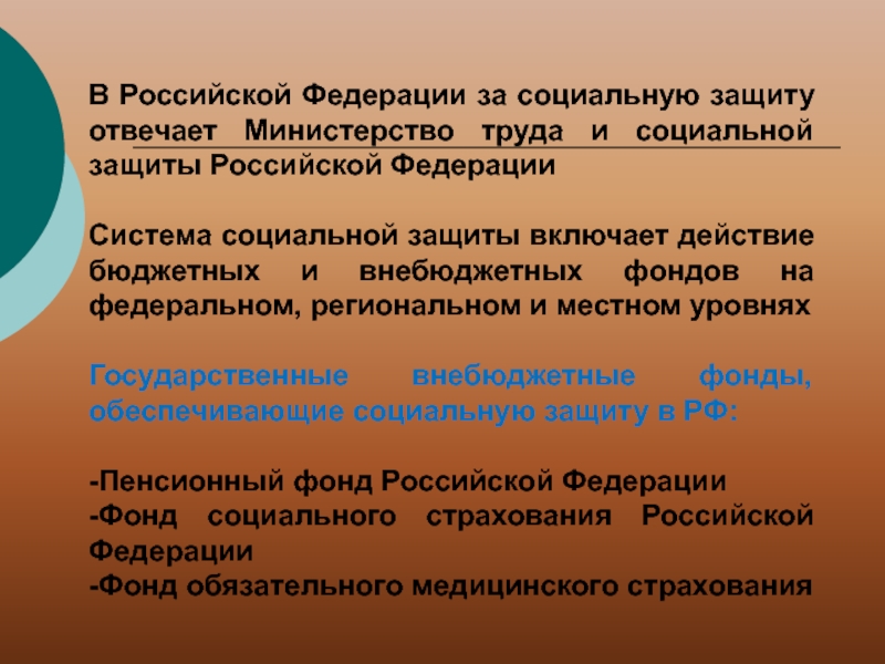 В Российской Федерации за социальную защиту отвечает Министерство труда и социальной защиты