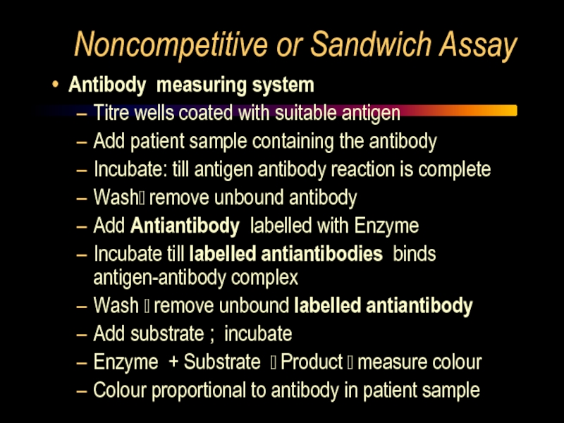 Noncompetitive or Sandwich Assay Antibody measuring system Titre wells coated with suitable antigen Add patient sample containing