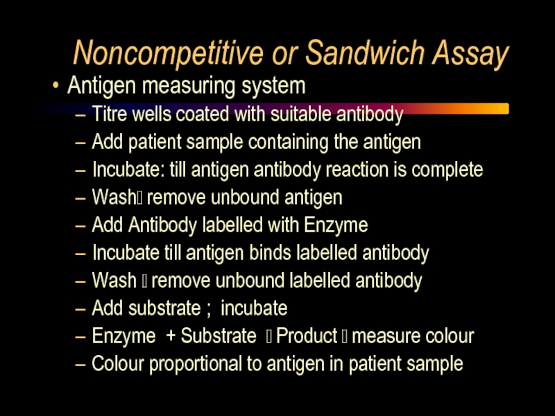 Noncompetitive or Sandwich Assay  Antigen measuring system Titre wells coated with suitable antibody Add patient sample