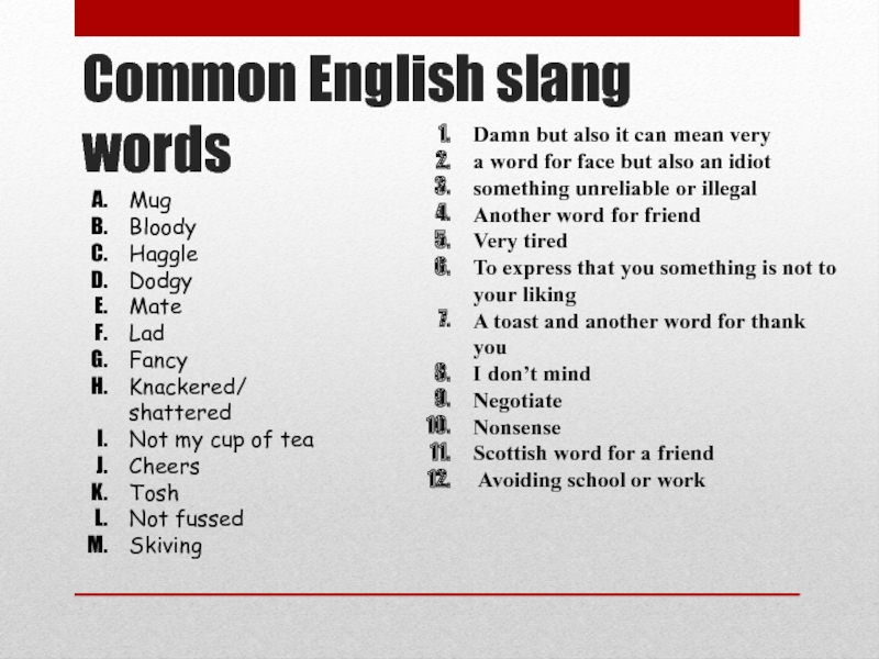 Common English slang words Mug Bloody Haggle Dodgy Mate Lad Fancy Knackered/