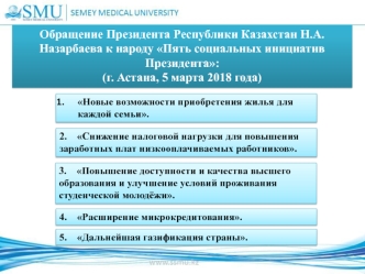 Обращение Президента Республики Казахстан Н.А. Назарбаева к народу Пять социальных инициатив Президента (г. Астана, 2018 год)