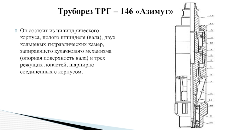 Труборез ТРГ – 146 «Азимут» Он состоит из цилиндрического корпуса, полого шпинделя (вала), двух кольцевых