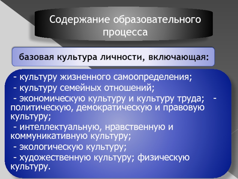 Базовая культура. Содержание образовательного процесса. Содержание педагогического процесса. Воспитание культуры жизненного самоопределения. Содержание образования педагогический процесс.