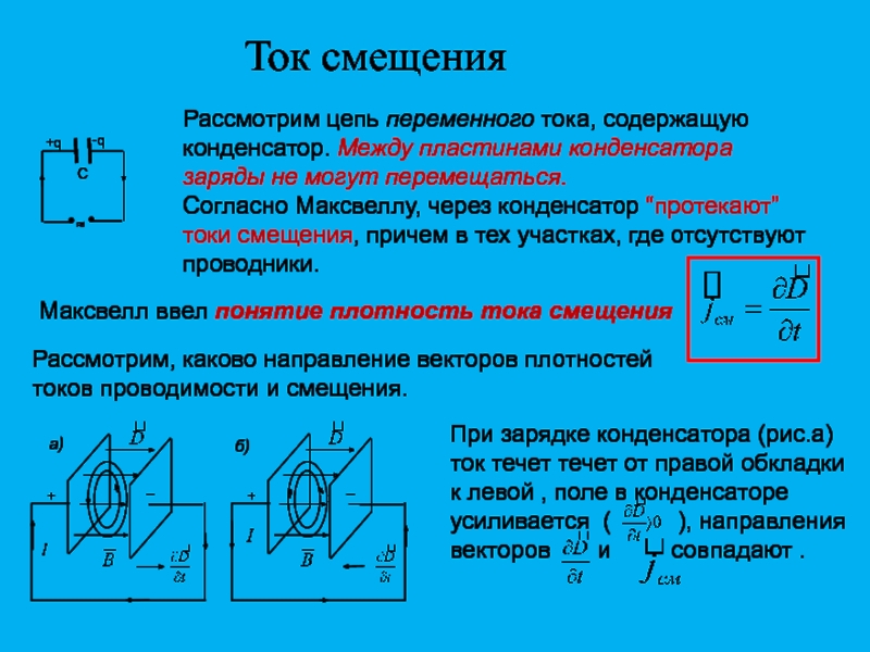 Сдвиг тока и напряжения. Ток смещения в конденсаторе. Ток проводимости и ток смещения. Конденсатор в цепи переменного тока ток смещения. Зарядка конденсатора. Что такое ток смещения.