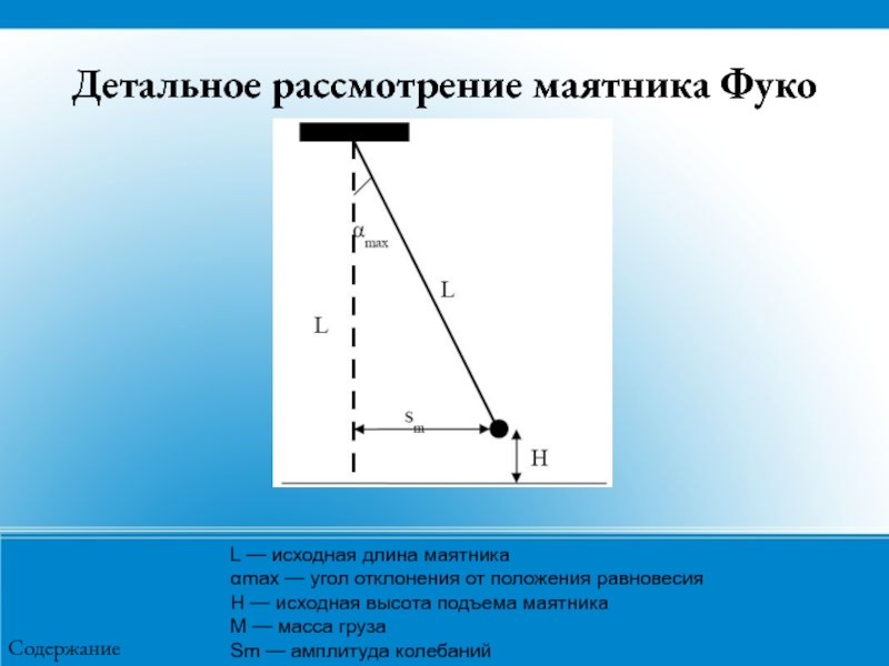 Масса груза маятника. Высота подъема маятника. Угол отклонения маятника. Отклонение маятника от положения равновесия. Положение равновесия маятника.