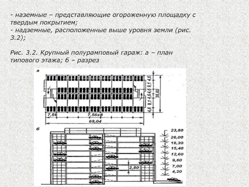 Крупный полурамповый гараж: а) план типового этажа; б) разрез.