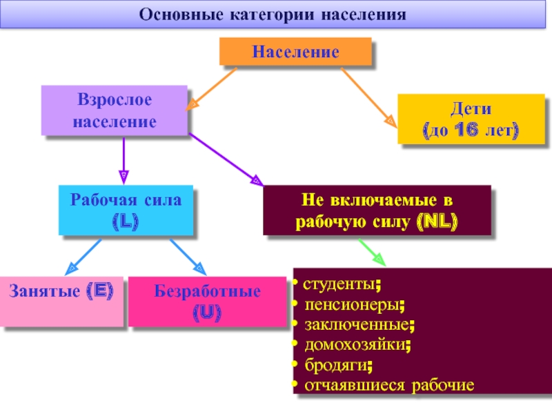 Население и рабочая сила. Занятые – е, безработные – u или не включаемые в рабочую силу – nl.