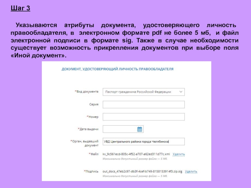 Шаг 3   Указываются атрибуты документа, удостоверяющего личность правообладателя, в электронном