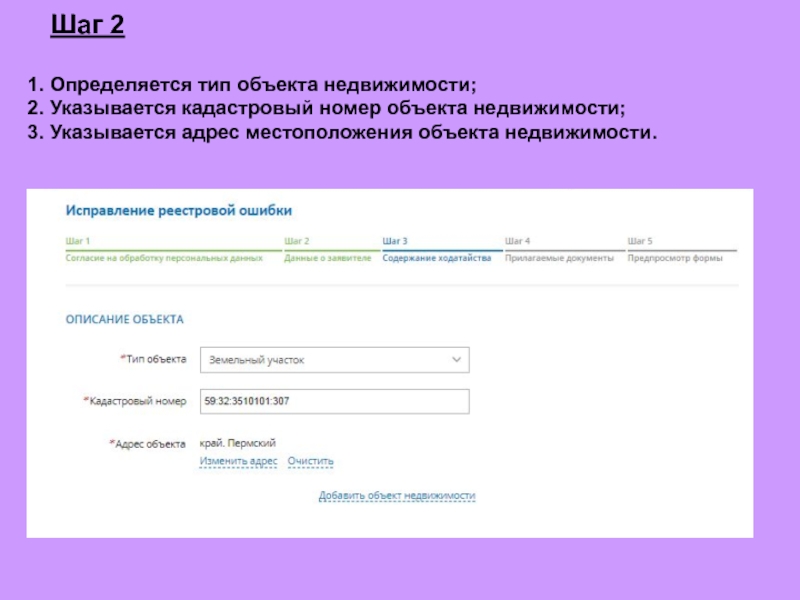 Шаг 2  Определяется тип объекта недвижимости; Указывается кадастровый номер объекта недвижимости;