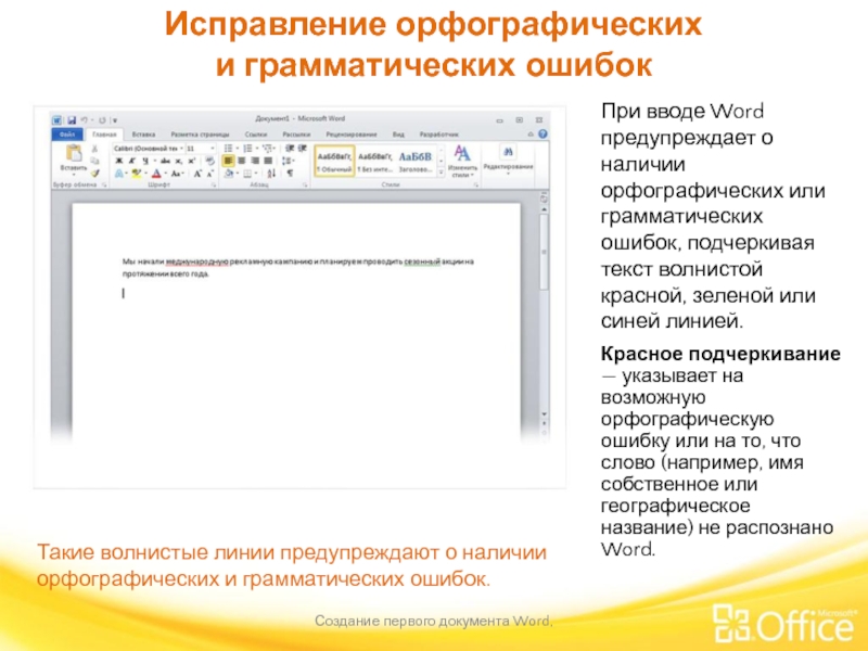 Исправление орфографических
 и грамматических ошибок Создание первого документа Word,  Такие волнистые