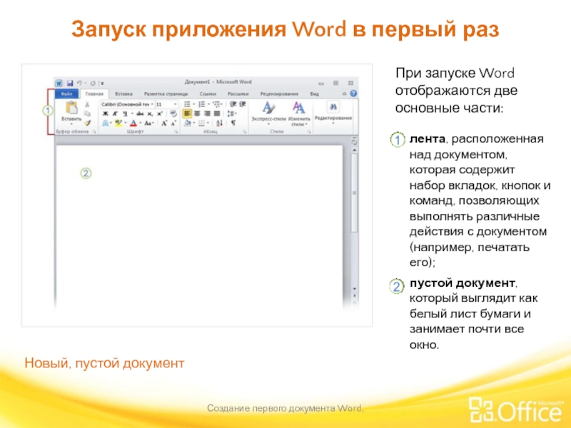 Запуск приложения Word в первый раз Создание первого документа Word,  При