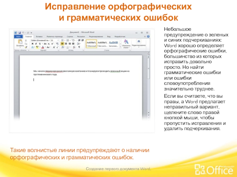 Исправление орфографических
 и грамматических ошибок Создание первого документа Word,  Такие волнистые