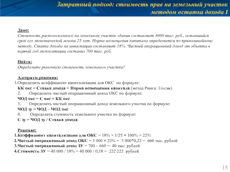 Затратный подход: стоимость прав на земельный участок методом остатка дохода I Дано: