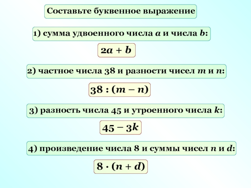 Составьте буквенное выражение. Буквенные выражения. Буквенное выражение (сумма). Составление буквенных выражений. Произведение суммы чисел.