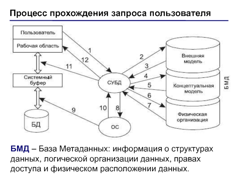 Расположение данных. Организация системы управления базами данных (судб).. Процесс прохождения пользовательского запроса. Процесс прохождения пользовательского запроса к БД. База метаданных.