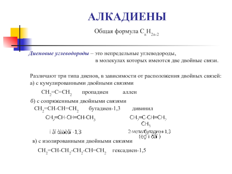 АЛКАДИЕНЫ Общая формула СnH2n-2 Диеновые углеводороды – это непредельные углеводороды,