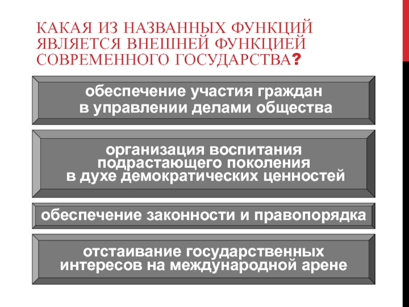 Найдите в приведенном списке функции государства. Какая из названных функций является внешней функцией государства. Какая из названных функций является внешней функцией. Является внешней функцией современного государства. Функцией государства является.