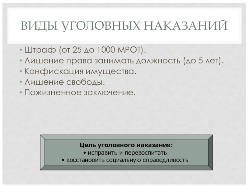 ВИДЫ УГОЛОВНЫХ НАКАЗАНИЙ Штраф (от 25 до 1000 МРОТ). Лишение права занимать