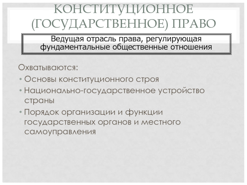 КОНСТИТУЦИОННОЕ (ГОСУДАРСТВЕННОЕ) ПРАВО Охватываются: Основы конституционного строя Национально-государственное устройство страны Порядок организации и функции государственных органов и