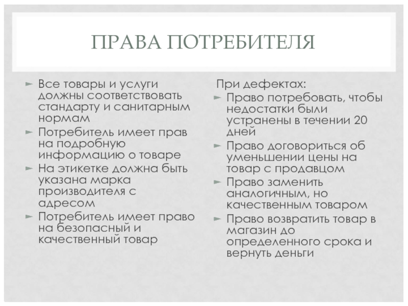 ПРАВА ПОТРЕБИТЕЛЯ Все товары и услуги должны соответствовать стандарту и санитарным нормам