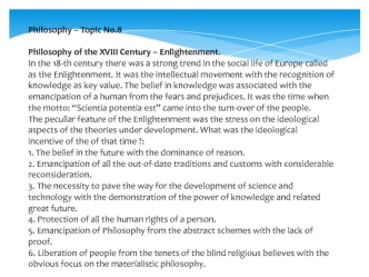 Philosophy of the XVIII Century. Enlightenment