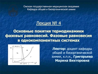 Основные понятия термодинамики фазовых равновесий. Фазовые равновесия в однокомпонентных системах