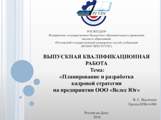 Планирование и разработка кадровой стратегии на предприятии ООО Велес Юг
