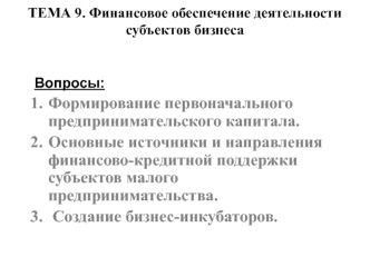 Финансовое обеспечение деятельности субъектов бизнеса. (Тема 9)