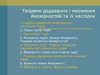 Теореми додавання і множення ймовірностей та їх наслідки