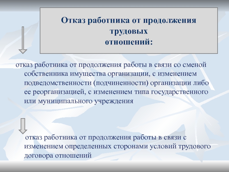 Отказ работнику. Отказ работника. Смена собственника имущества организации пример. Отказ работника от продолжения работы. Отказ работника в связи с реорганизацией.